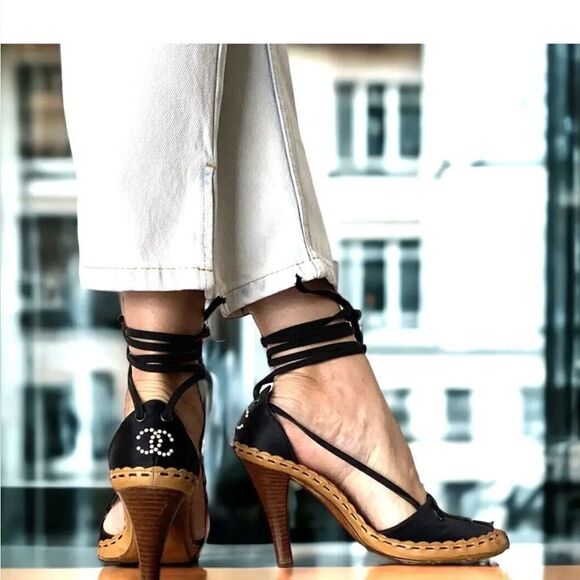 CHANEL Black Satin D'Orsay Sandals Interlocking Pearl CC Logo Lace Up 38 - Picture 1 of 14